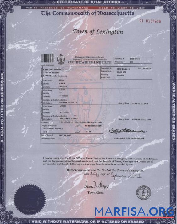 Realistic USA Massachusetts state birth certificate template in PSD format